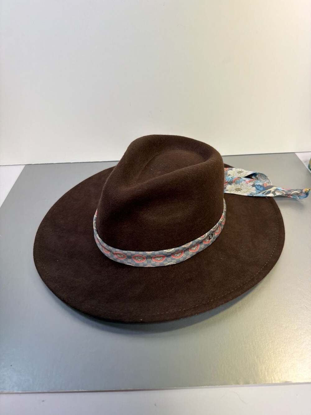 Johnny Was Brown 100% Wool Wide Brim Fedora Hat with Floral Print Silk Band